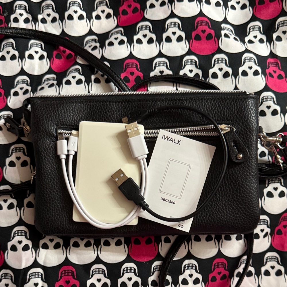 Black Leather Crossbody Bag with inside phone charger